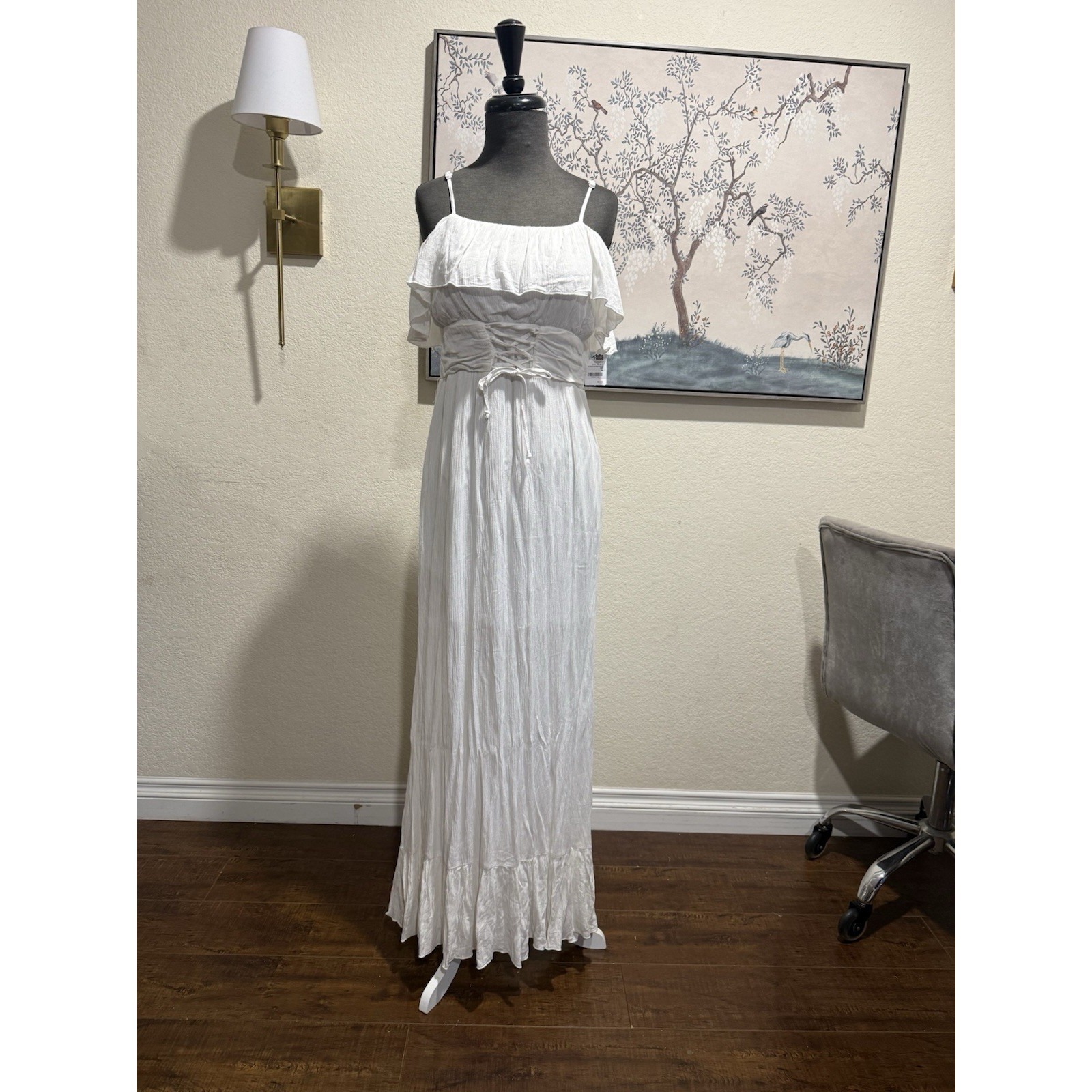 Charlotte Russe White Maxi Dress Ruffle Lace-Up Square Neck Spaghetti Strap M